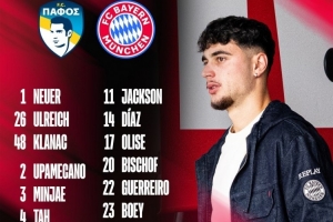 拜仁歐冠客戰(zhàn)帕福斯大名單：凱恩領(lǐng)銜鋒線，比朔夫、格雷羅在列