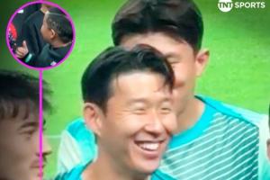 可愛??對陣巴拉圭合影環(huán)節(jié)，孫興慜與SONNY發(fā)型的小球迷打招呼