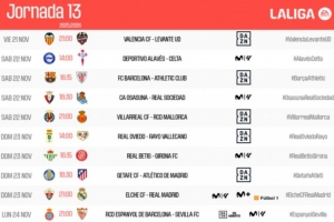 西甲第13輪時(shí)間：11月22日23:15巴薩vs畢巴，皇馬24日4點(diǎn)出戰(zhàn)