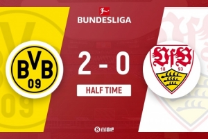 半場-多特蒙德2-0斯圖加特 埃姆雷·詹點射破門拜爾補射