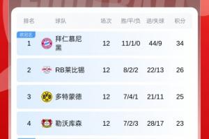 德甲積分榜：拜仁逆轉(zhuǎn)8分領(lǐng)跑，第2萊比錫翻車+第3藥廠輸球掉第4