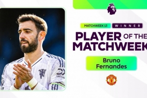 官方：B費當選英超第13輪最佳球員，對陣水晶宮送出2次助攻