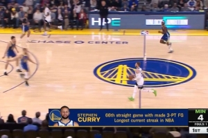 一騎絕塵！庫里外線三分命中 連續(xù)66場進(jìn)三分保持現(xiàn)存最長紀(jì)錄